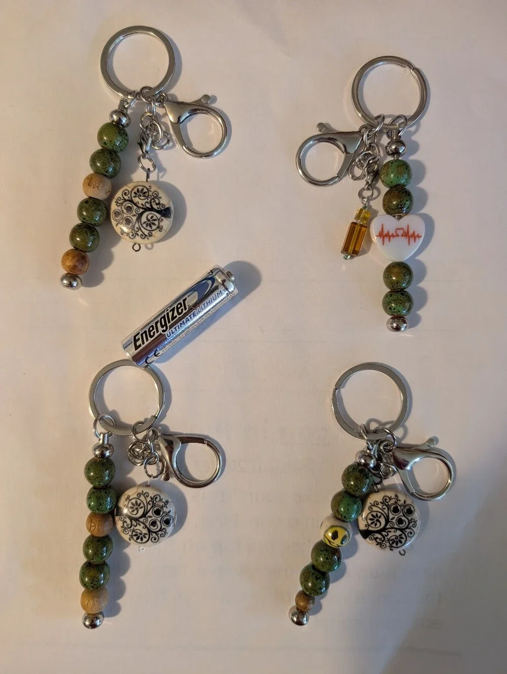Beaded Green Wooden Keychain with Silver Charm - Women Accessories
